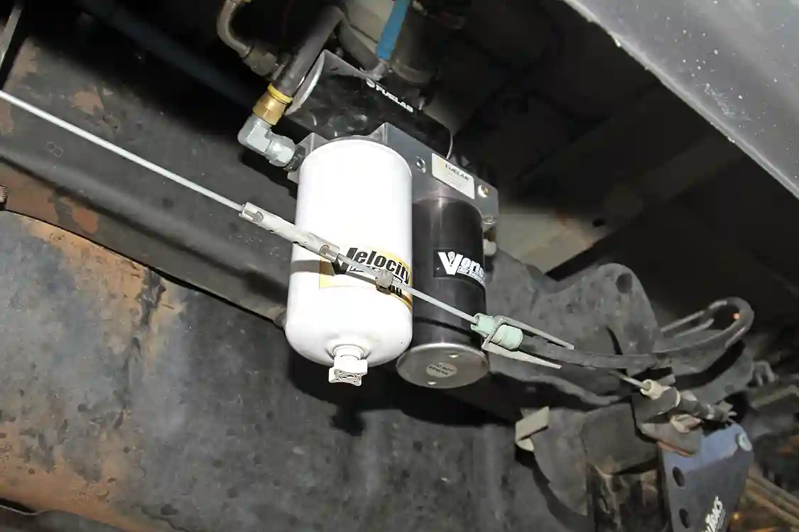 The 200-gph FueLab pump and filter system is mounted on the driver’s side frame rail below the fuel tank filler. The lift pump provides all the fuel the dual K16 high-pressure pumps need.