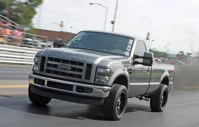 Here's Lindenberg and his triple-turbo Ford in action on the track at the 2014 Scheid Diesel Extravaganza.