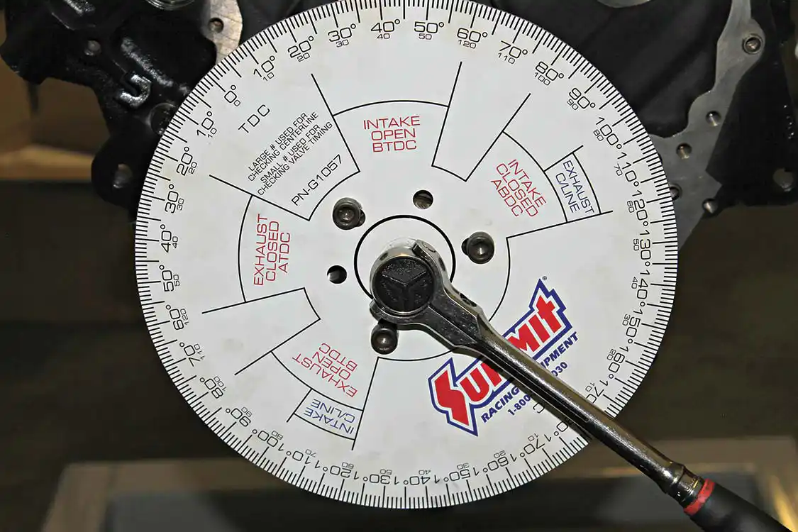 5. When installing a camshaft it’s vital that it be “degreed” using a degree wheel to check that the camshafts lobes will open each cylinder's intake/exhaust valves at the proper moment. The camshaft comes with a “cam card” that tells the engine builder exactly what the cam's specifications are and at what degree the camshaft should be set at in correlation to the #1 piston's top dead center position.