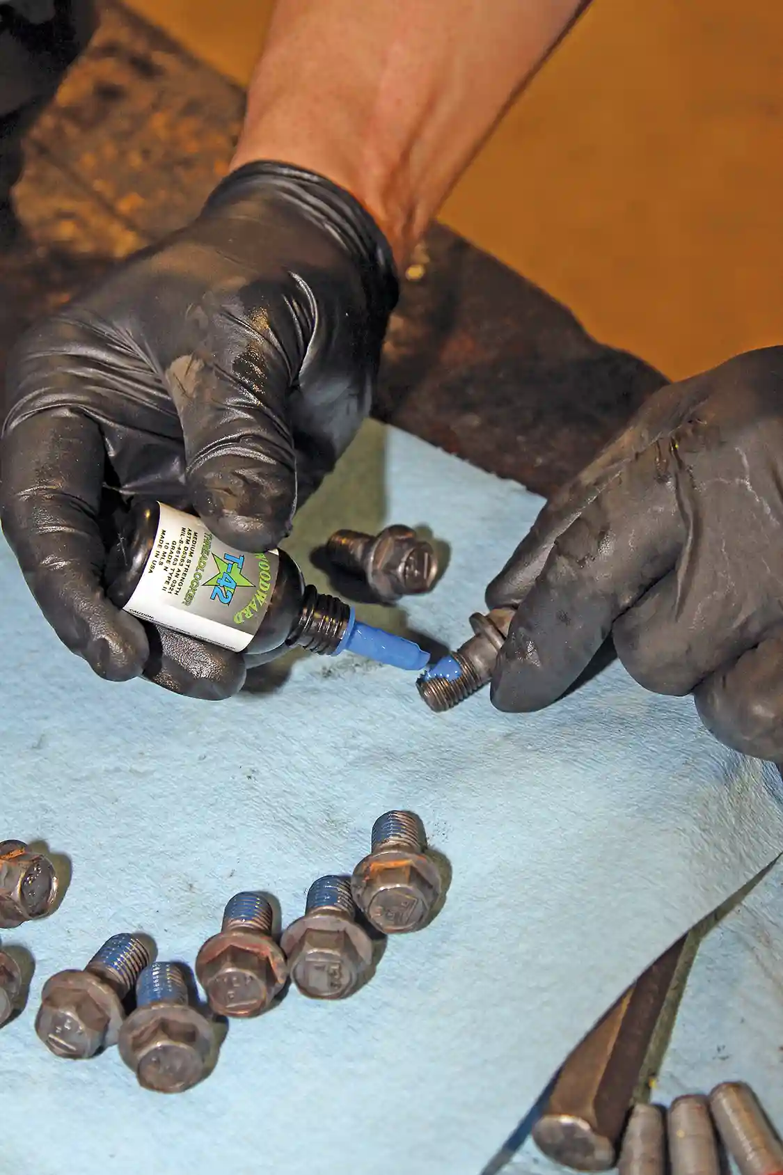 11. Before installing the new 4.56 G2 ring gear on the ARB Air Locker, Nelson cleaned the gear and mounting bolts with brake cleaner to remove any oils, then used Blue T-42 WRP thread locker on the bolts to make sure the ring gear does not come loose.