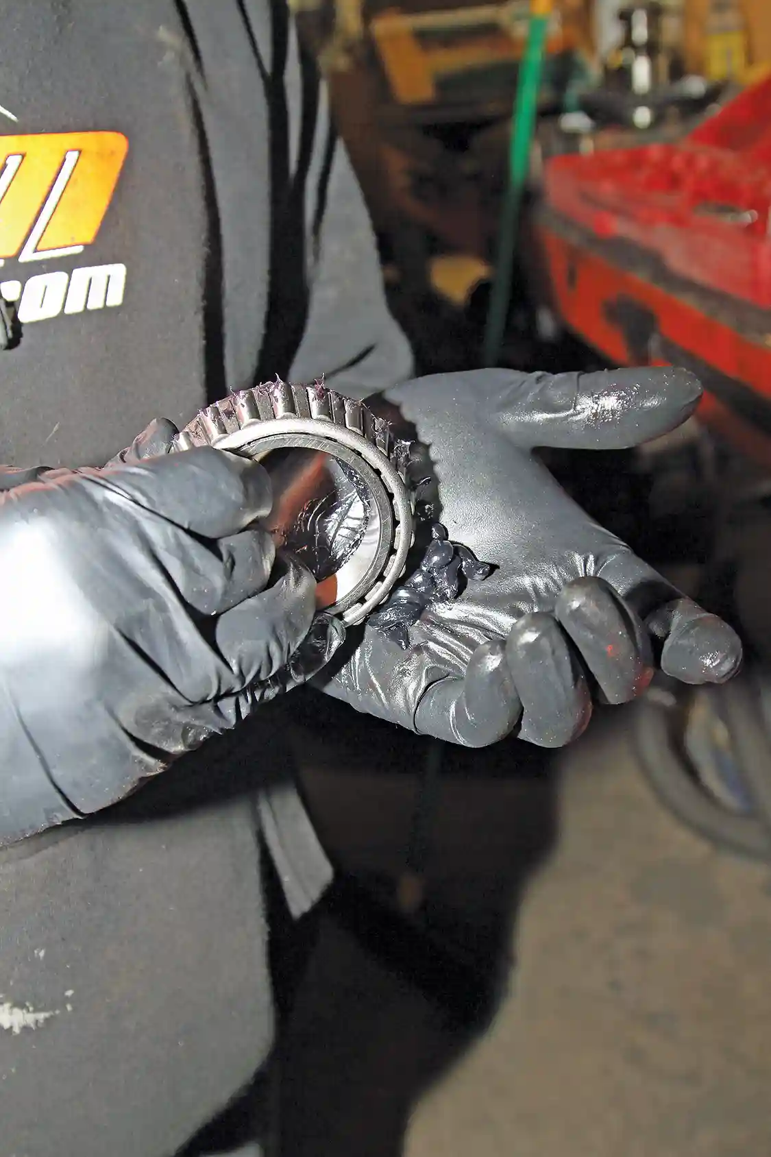 15. Nelson packs the bearings with Royal Purple synthetic grease to ensure smooth operation from the start, when gear oil has not yet circulated through the housing.