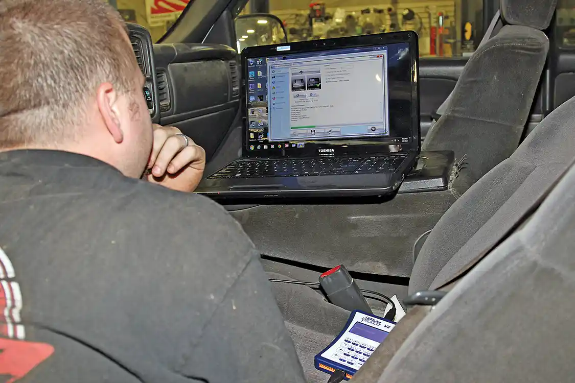 36. When the gear ratio is changed, the ECM and TCM must be reprogramed to maintain shift points, torque converter lockup, and correct speedometer operation. Jereme Miltier used an EFILive V2 interface from SoCal Diesel along with a laptop computer to upload the changes. If you don’t have these tools your local performance diesel shop should be able to help you out.