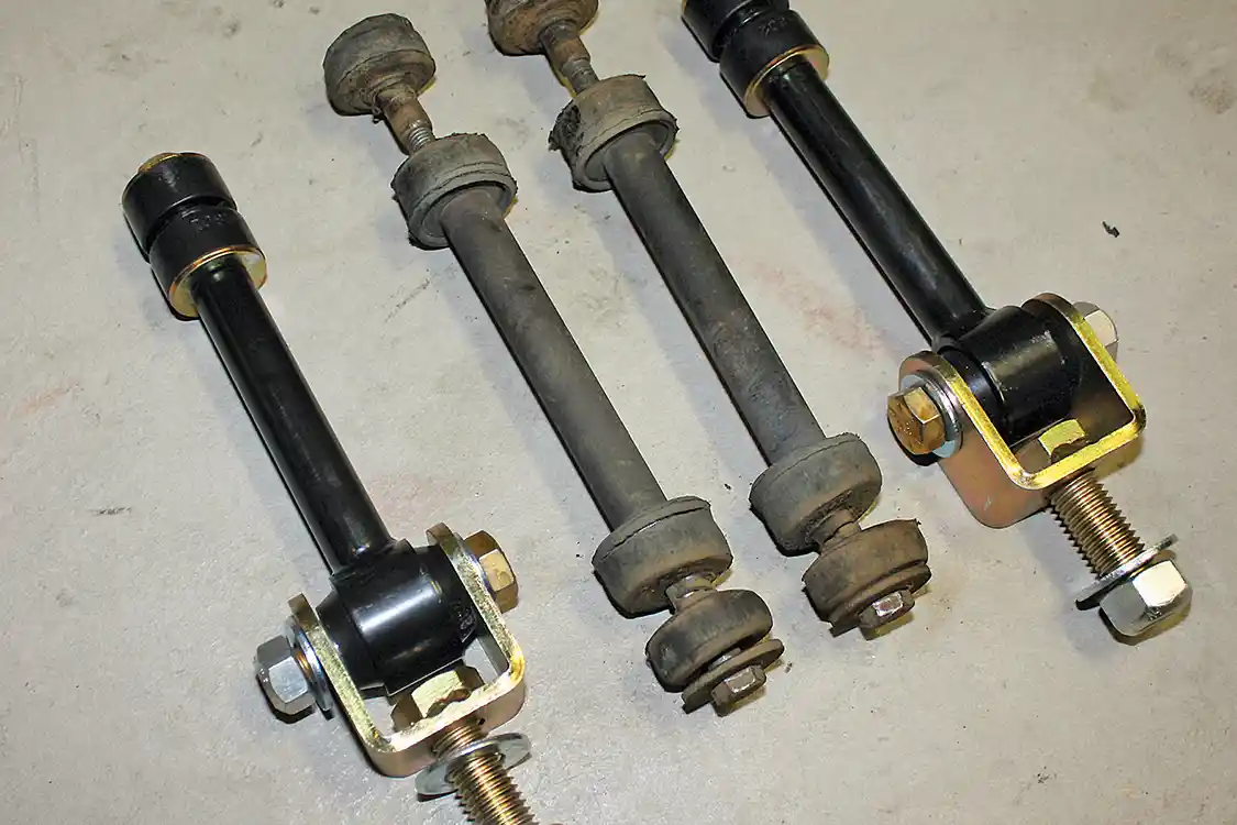 15. On stock-height and some leveled trucks, the factory sway bar end links may need to be replaced to gain clearance around the newly installed straight center link. This particular truck rides near stock ride height so the new tie rods were coming in contact with the sway bar. The longer links allow the sway bar to rotate enough to clear. Once removed, we noticed that the factory end link bushings were pretty well shot, so this was money well spent.