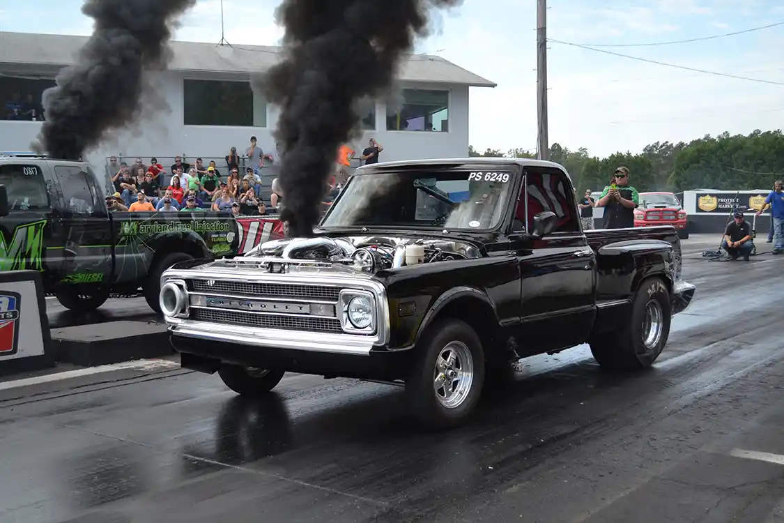 The coveted number One qualifier spot belonged to Brett Deutsch, who was right near the class minimum 4,500-pound weight in his 1,300rwhp, <a href="https://www.dmaxengines.com/">Duramax</a>-powered C-10. Launching on a <a href="http://www.rosslertrans.com/">Rossler</a>-based TH400 transmission with a transbrake, the truck cut unreal low 1.3-second 60ft times and rocketed to 5.63 at 128mph in the eighth-mile. Unfortunately, Brett didn't get the turbos spooled up on the line in eliminations, and lost to Sam Schmitt.