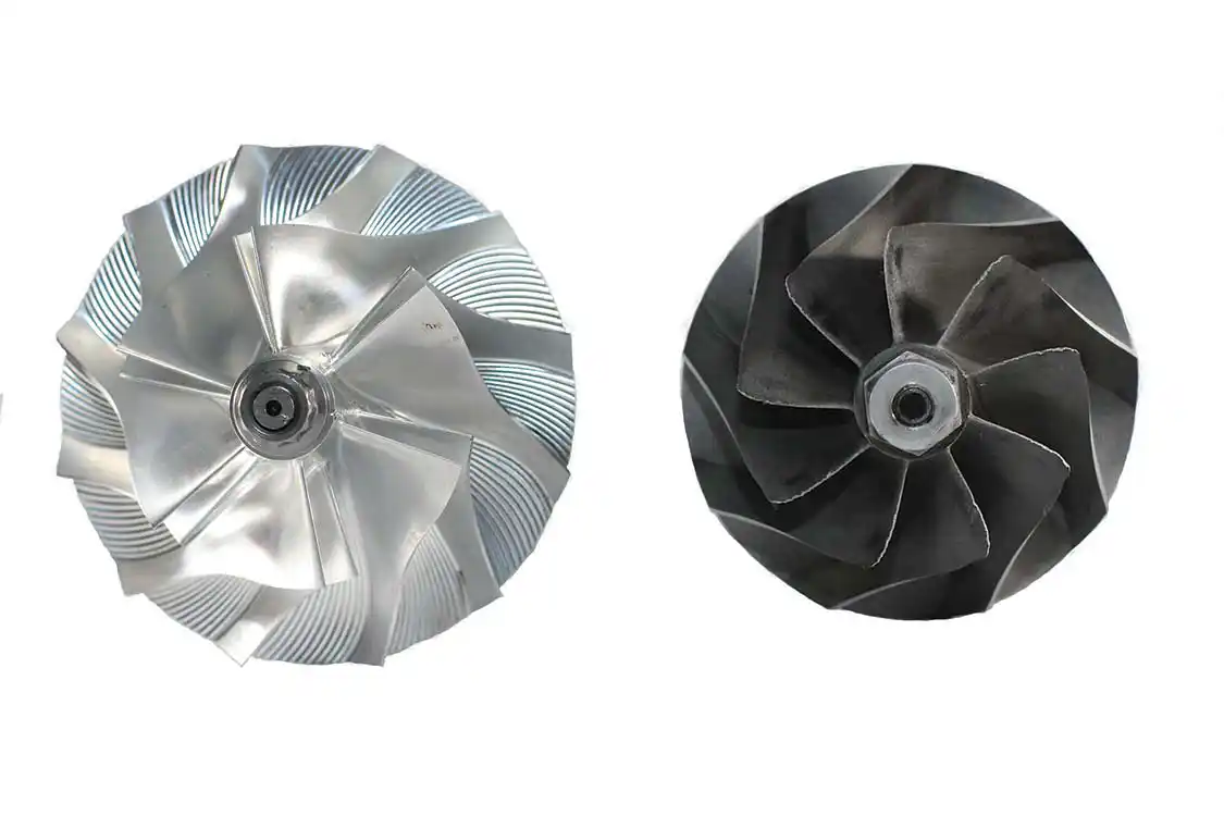 6. The Applied Performance intake compressor wheel is significantly larger than stock and is also made from machined billet aluminum. This makes it lighter, and stronger to accommodate a more aggressive vane profile. This all means more boost for your engine.