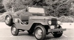 This museum piece is a 1960 Land Cruiser, replete with chrome wheel covers for its military mudders. It’s not the period photo the black-and-white suggests. This was taken in the parking lot at Toyota USA’s California headquarters sporting a “buckle up” license plate frame—the 1960 didn’t come with seatbelts.