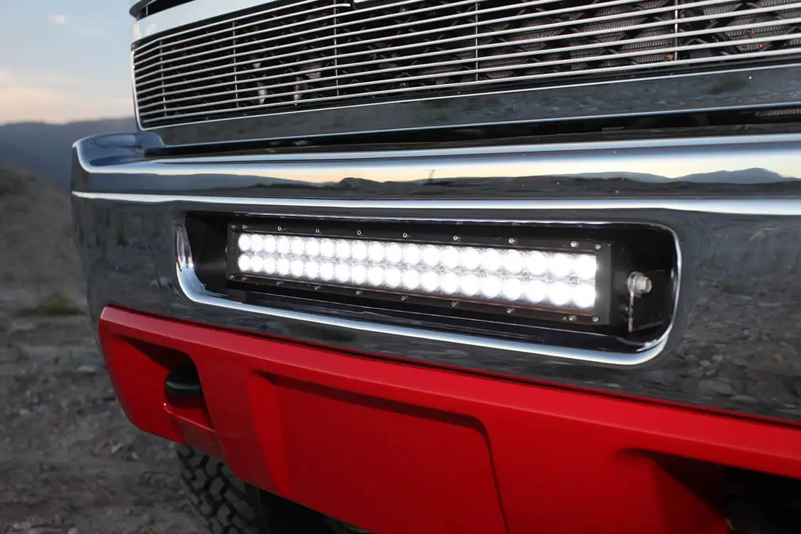 A <a href="https://www.rigidindustries.com/">Rigid</a> LED light bar fits perfectly into the lower grille opening.