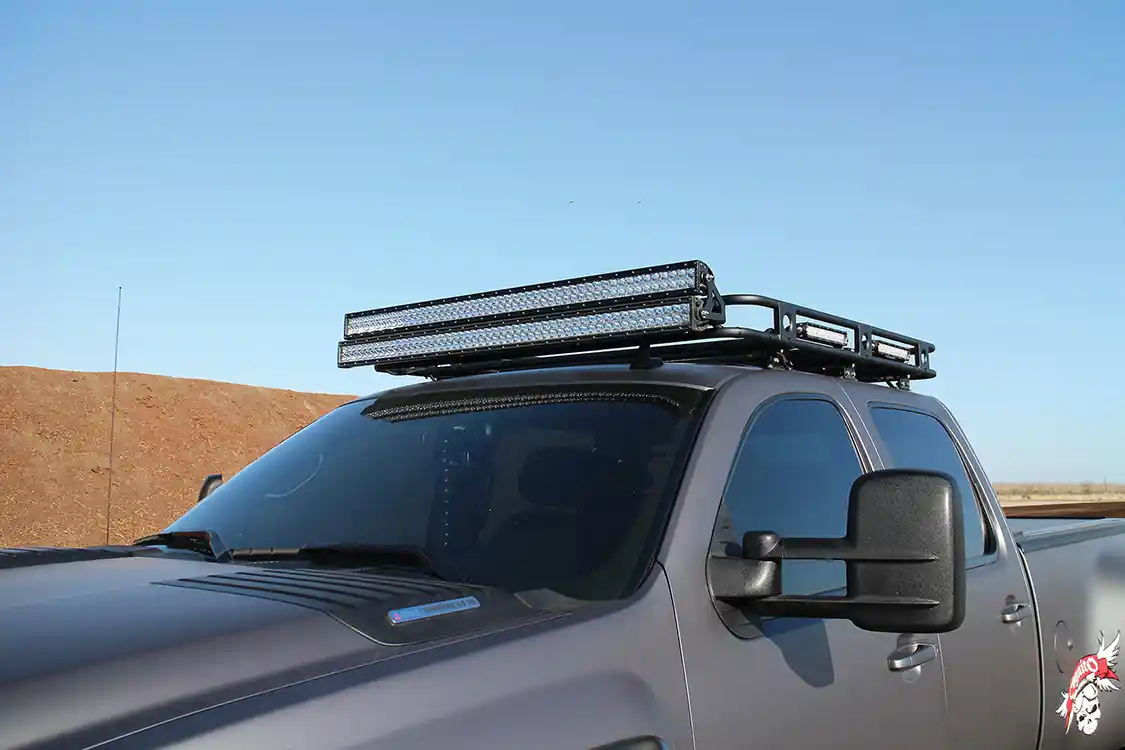 A Smittybilt Defender roof rack was fitted with two stacked Rigid Industries 50-inch LED light bars up front, two 10-inch bars on each side and a single 30-inch bar to the rear.