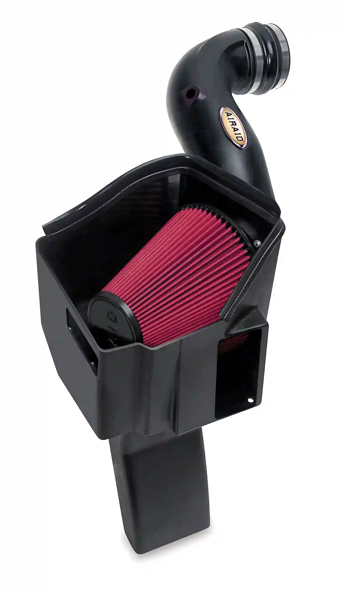 2. The AIRAID MXP cold air intake system replaces everything from the throttle body out. All MXP Series intakes include a new roto-molded intake box, new intake tube, velocity stack, couplers, hardware, and, of course, the filter itself. Note that the AIRAID air box utilizes the factory cold air inlet duct in the fender but also adds a forward-facing inlet and a lower “snorkel” that grabs cool air from behind the front bumper.
