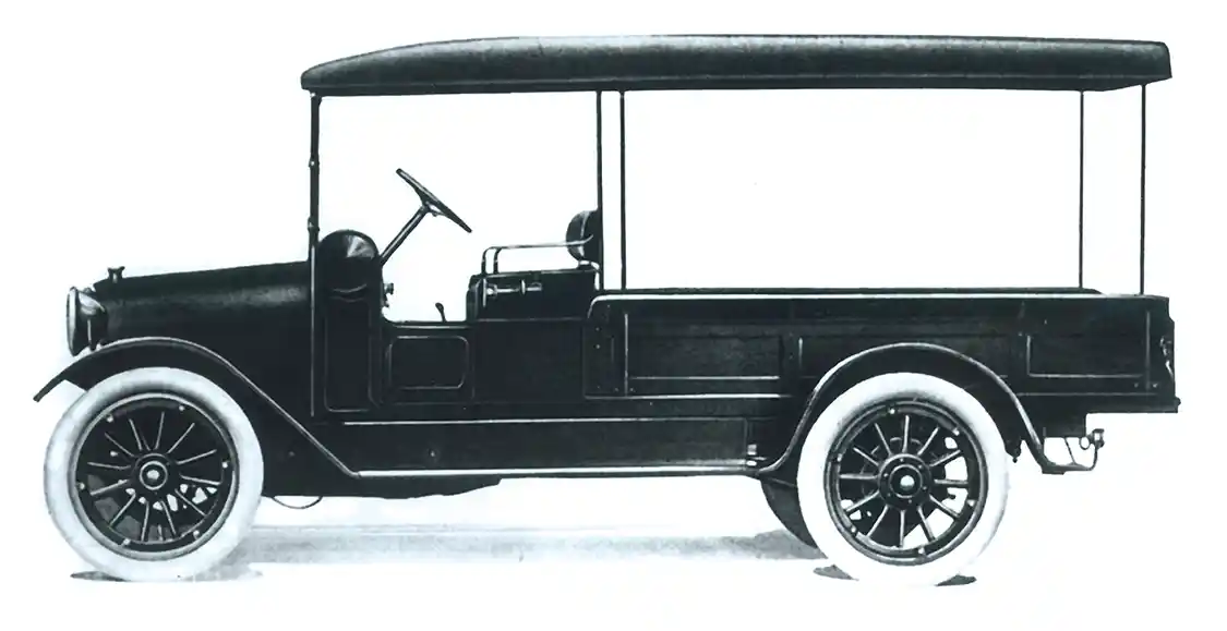 Speed Wagon platforms appeared for the first time in 1915. They were engineered and geared from the beginning to exceed the established speed limits for truck platforms. This 1916 Model F featured pneumatic tires, electric lights and a self-starter as standard equipment. This is the ¾-ton version.