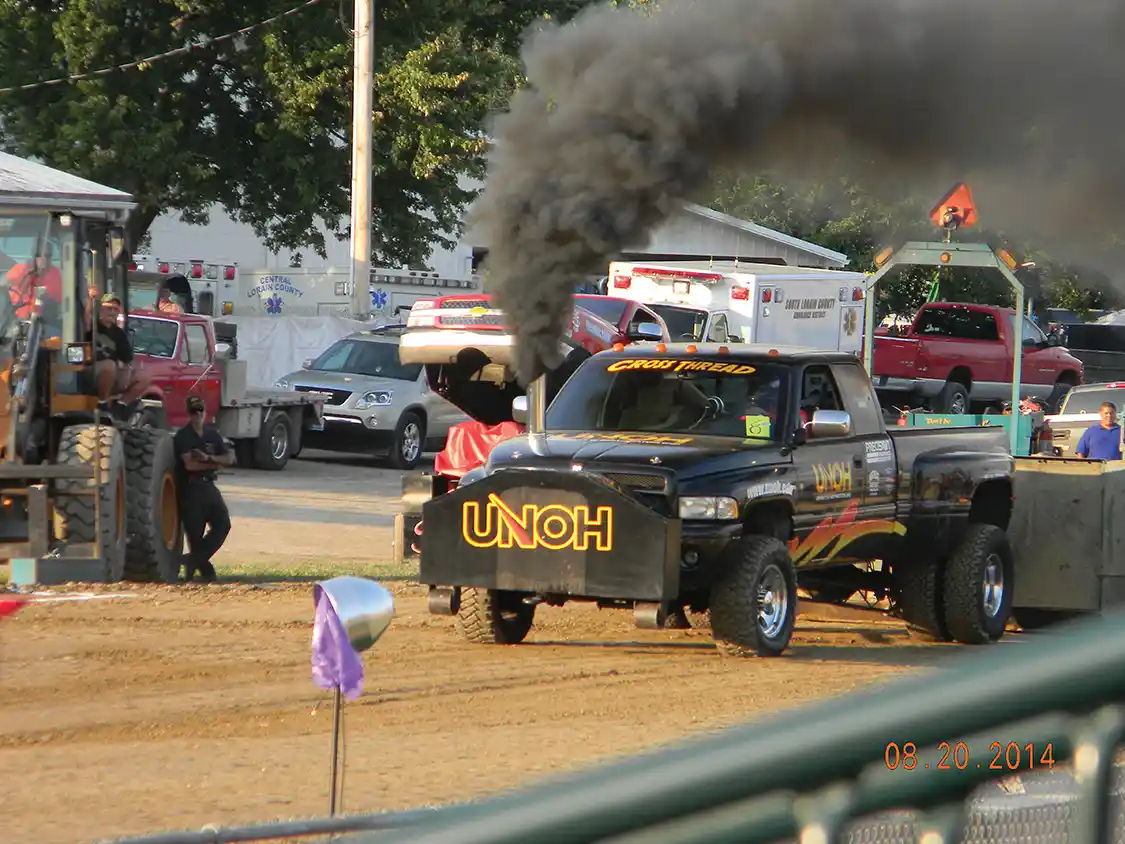19. The UNOH Diesel Club “Cross Thread” stoked up at a pull in the summer of 2014. The 2.6 truck was donated by Scott Klausing, intact but in need of an engine. The UNOH Diesel Club is also working on a 3.0-class truck, and plans to compete in both classes.