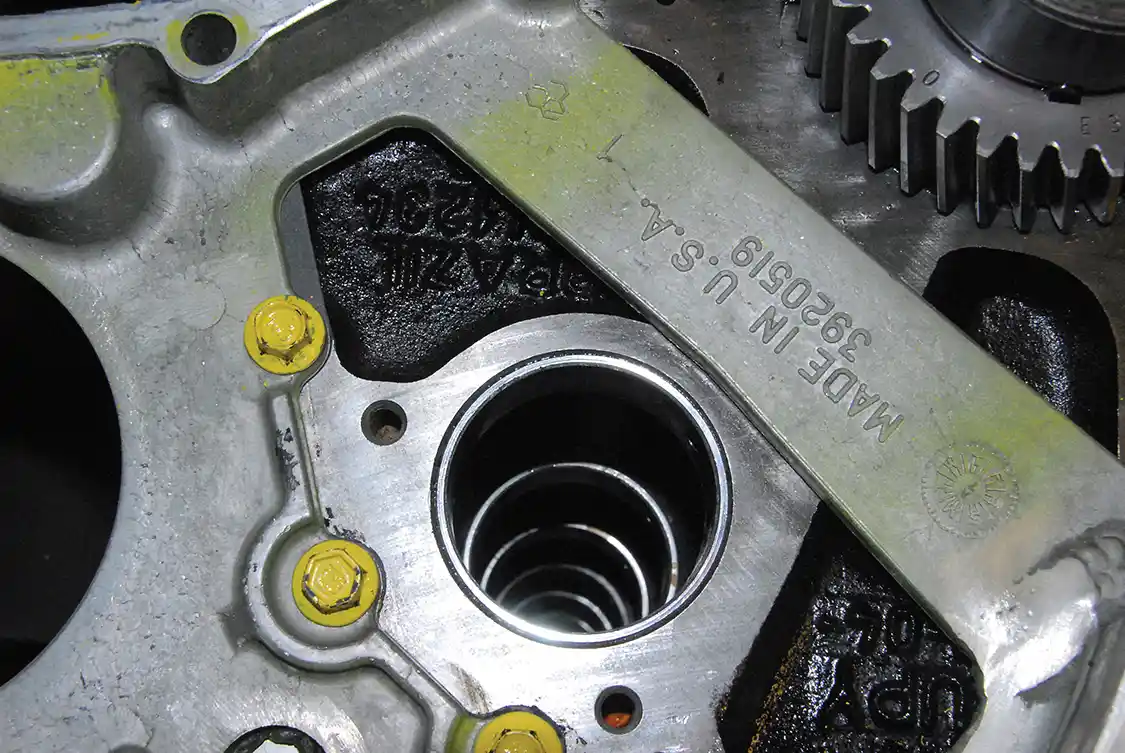 3. The cam in a Cummins B Series doesn’t use cam bearings in all of the cam bores, but a high-performance cam like the Hamilton requires them due to the increased lift and spring pressures. Normally there’s only one bearing at the front; if you do a cam upgrade, the block needs to be line-bored to fit bearings in the other six bores.