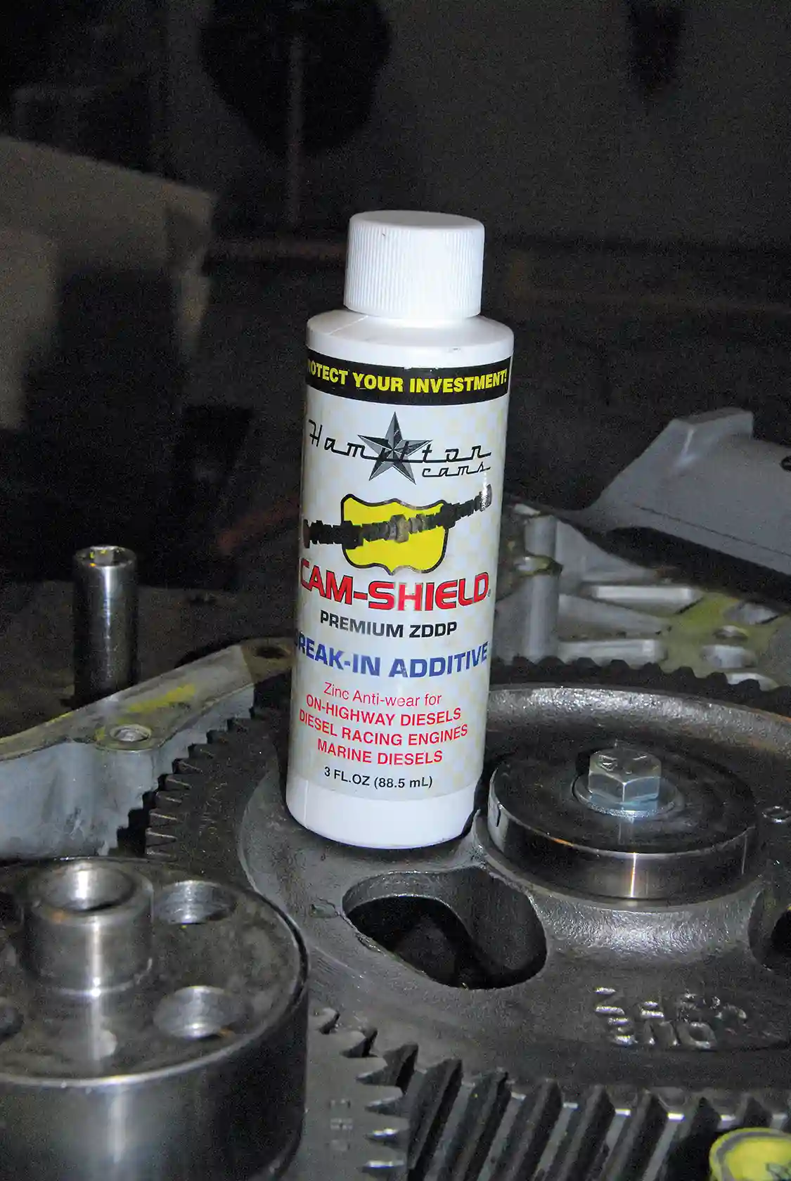 4. Along with assembly lube on the cam lobes and followers, Hamilton requires the use of their high-zinc Cam-Shield break-in lube. This is especially important for a high-performance diesel cam as standard engine oil may not provide a proper break-in.