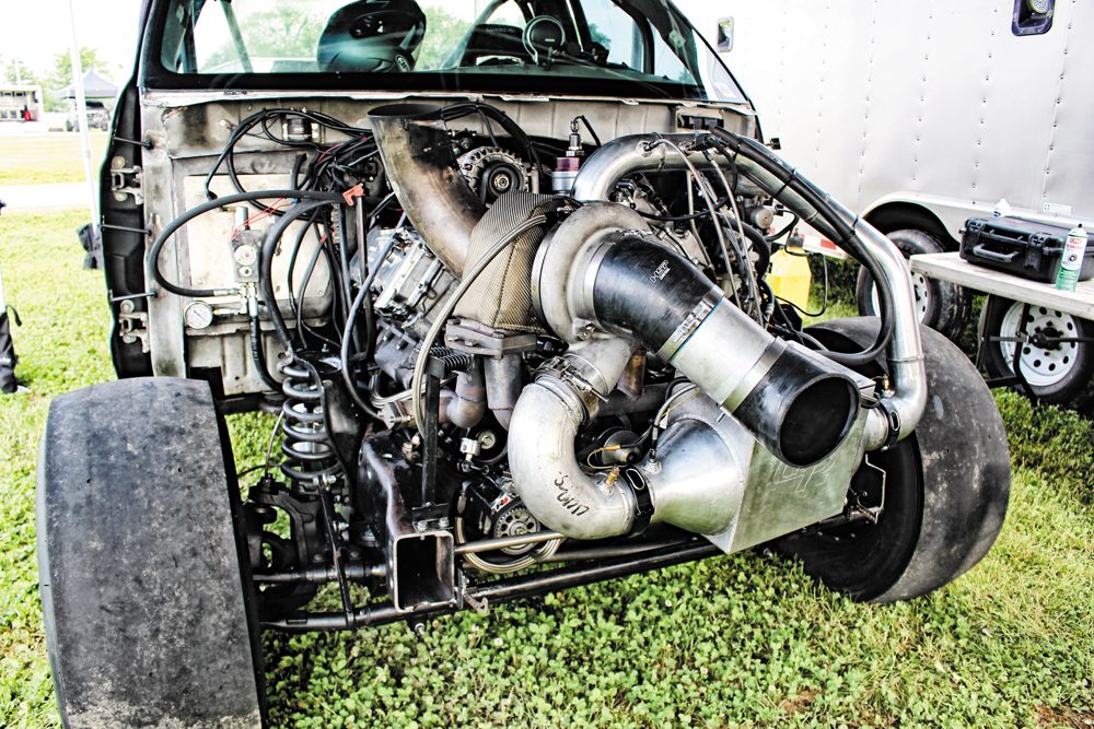 single turbo, front-mounted BorgWarner S480 SX-E, T6 single, BorgWarner’s 96mm turbine wheel, 1.32 A/R exhaust housing, 80mm compressor wheel, S480, Odawgs Diesel, exhaust manifolds, up-pipes, two-stage nitrous system, 15-pound bottle, ice barrel intercooler, C&R Racing