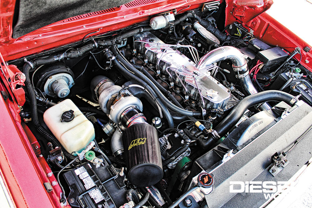 5.9L Cummins fire-ringed, ARP rod bolts, stock compression, Mahle cast-aluminum pistons, Scheid’s street cams, cylinder head, heavy-duty valve springs, ARP head studs