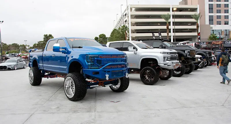 Diesel trucks on display at the 2022 SEMA Show
