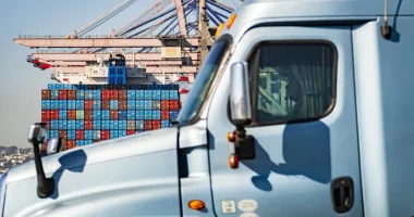 A semi-trailer truck arrives at the Port of Long Beach