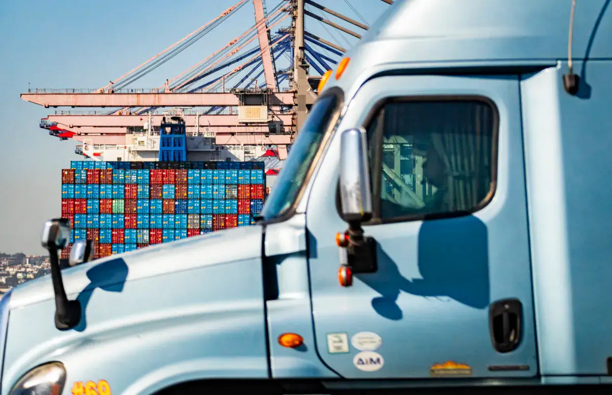 A semi-trailer truck arrives at the Port of Long Beach