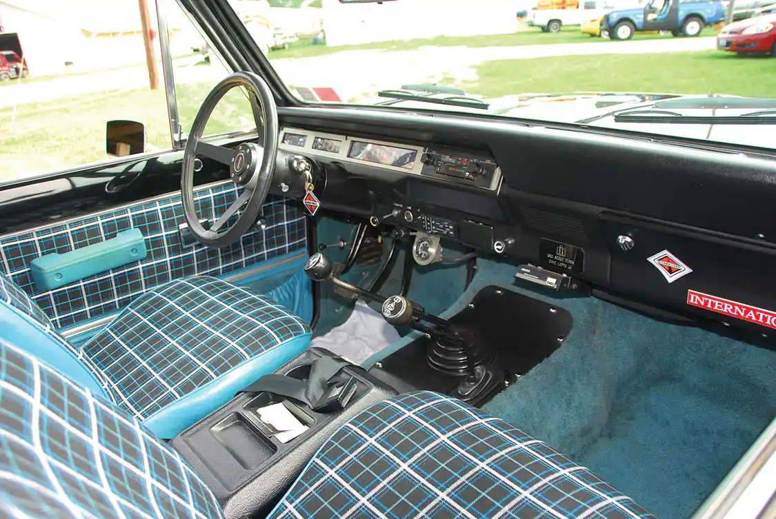 Can you tell this rig came from the 1970s? The interior of Leppo’s Scout is all original. This is the top of the line Custom interior, the best the factory offered. A bench seat was standard.