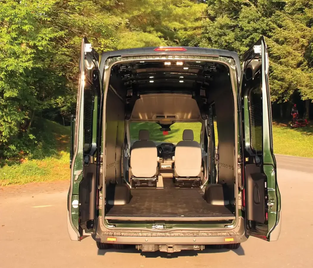 The tall doors and low floor at the rear mean a lot of cargo space in this max-sixe Transit van. 