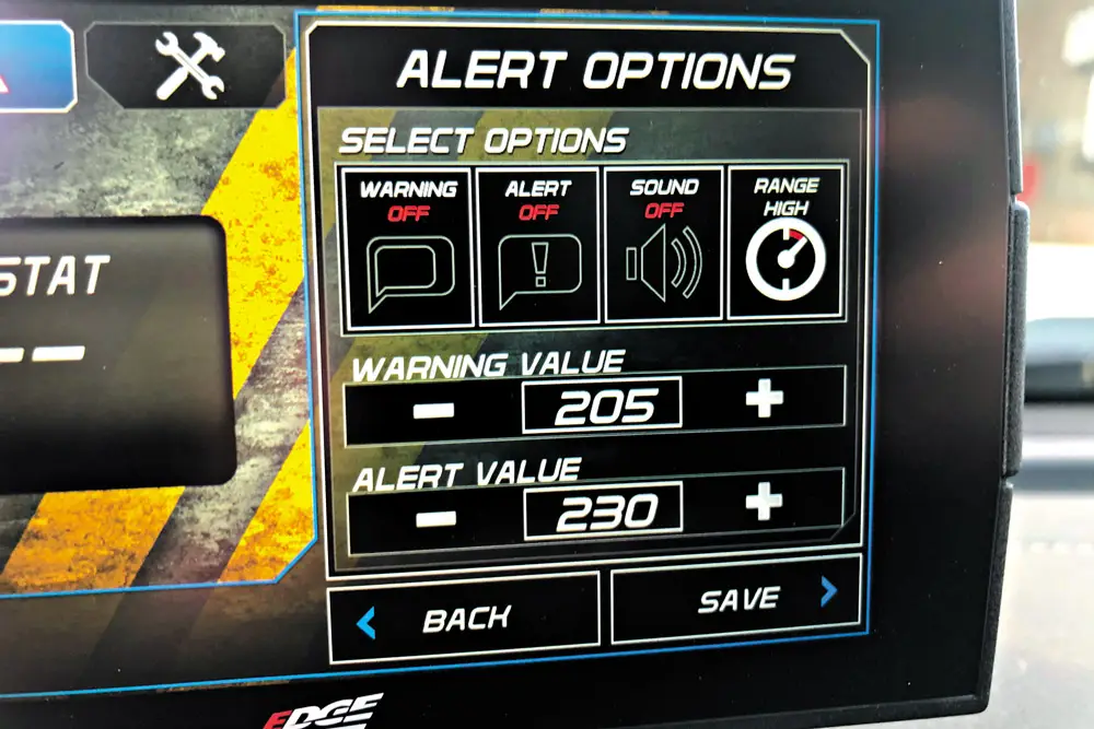Edge Products CTS3 alert options screen