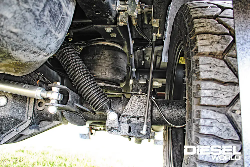 Dodge Ram four-link rear suspension, 7-inch diameter Firestone air bags, dual Viair compressors, Kelderman’s manual height control valves